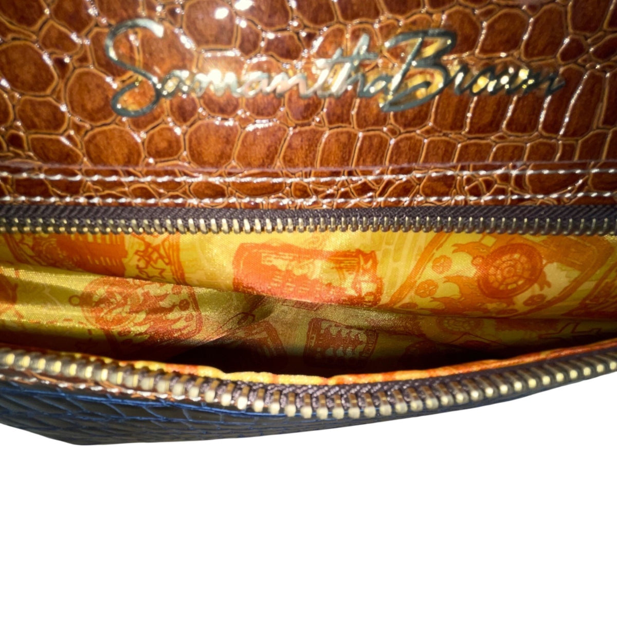 Samantha Brown Women’s Brown & Blue Faux Croc Embossed With Zippered Satchel Bag