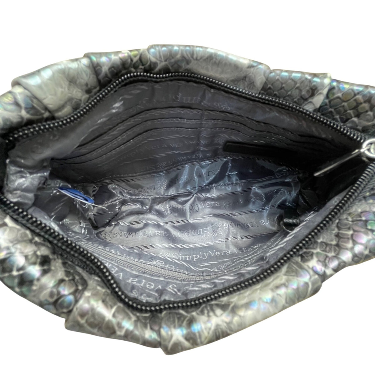 Simply Vera Women’s Metallic Gray Snakeskin Signature Logo Wristlet Clutch