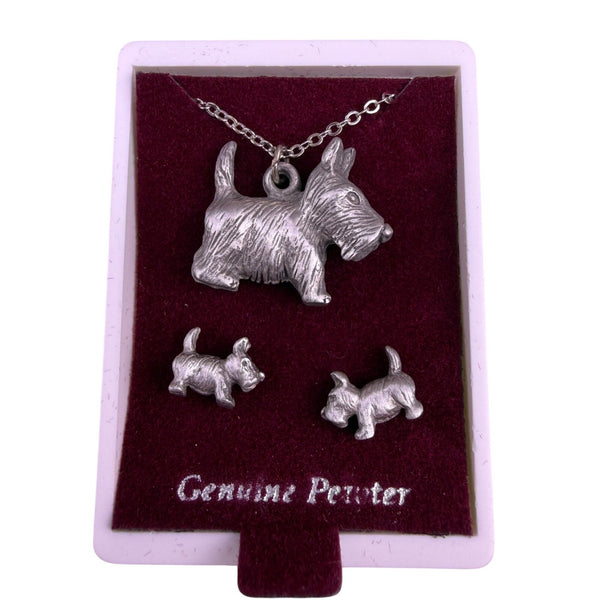 Spoon Womens Silver Tone Pewter Scottie Dog Necklace & Earrings Set Jewelry