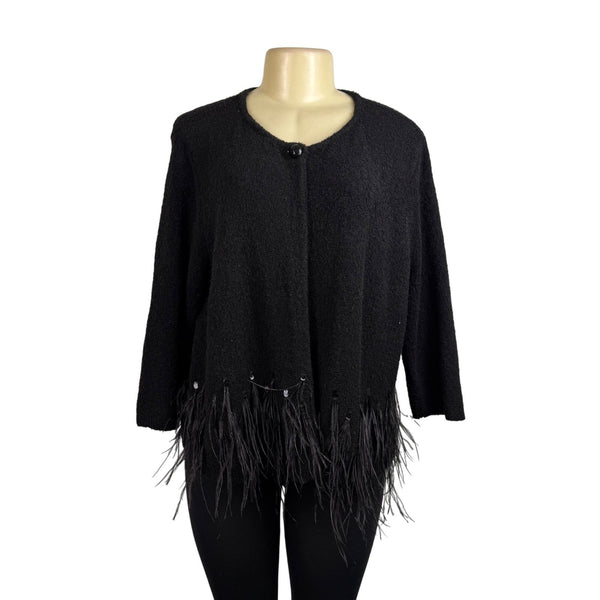 Chicos Womens Black Acrylic/Nylon/Wool Feather Trim Long Sleeve Cardigan Size 2