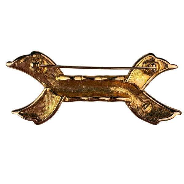 Swarovski Womens Gold Tone Black Enamel Crystal Ribbon Brooch Pin Vintage