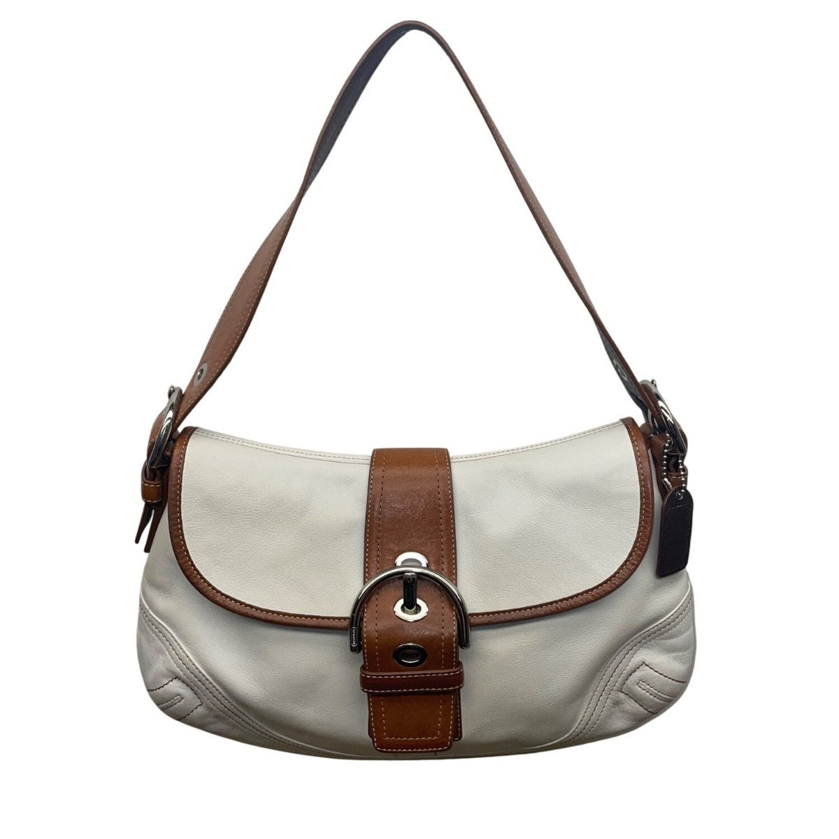 Coach Women’s White & Brown Leather Buckle Flap Detail Shoulder Bag