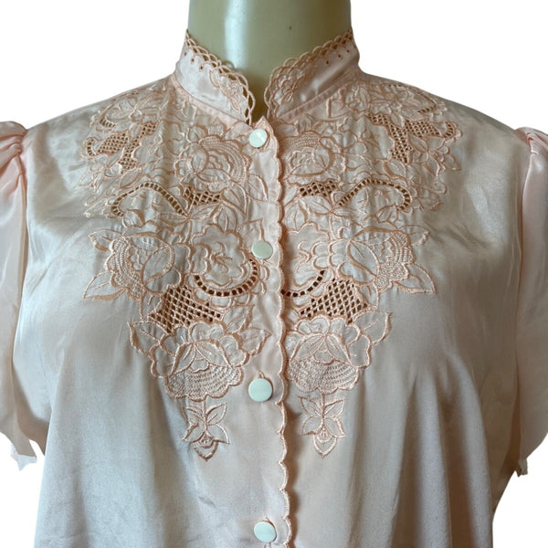 Vintage Mariane Womens Blouse With Lace Embroidery In Peach Satin Sz M/L