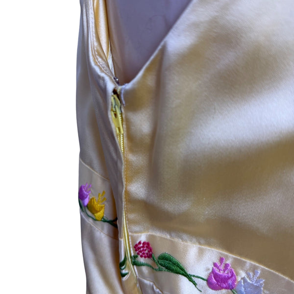 Gold Floral Embroidered Satin Sleeveless Womens Maxi Dress Classy Collar Design