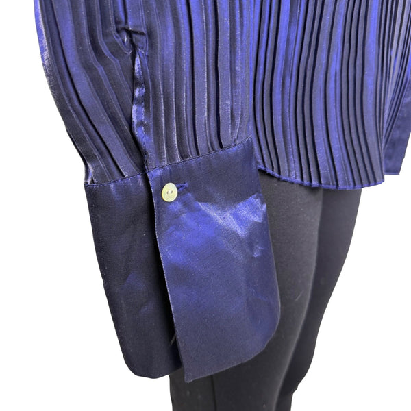 Caviar Womens Navy Satin Blend Pleated Button-Up Shirt Long Sleeve Sz XL
