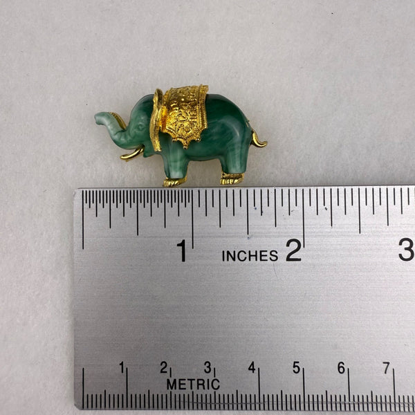 Faux Jade Green & Gold Tone Elephant Brooch Pin Vintage Jewelry Figurine Elegant