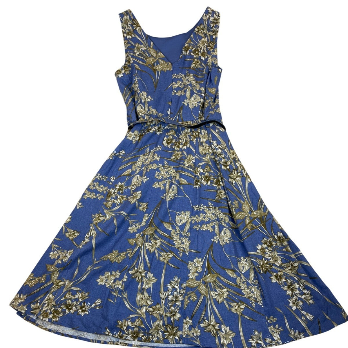 London Times Womens Blue Gold Floral Sleeveless Belted Midi Dress Size 10 - New