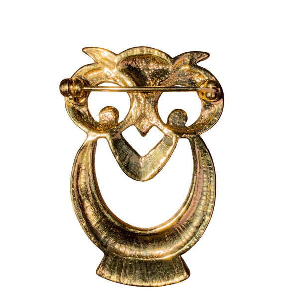 Vintage Unknown Gold Tone Owl Brooch Art Deco Style Swirling Details