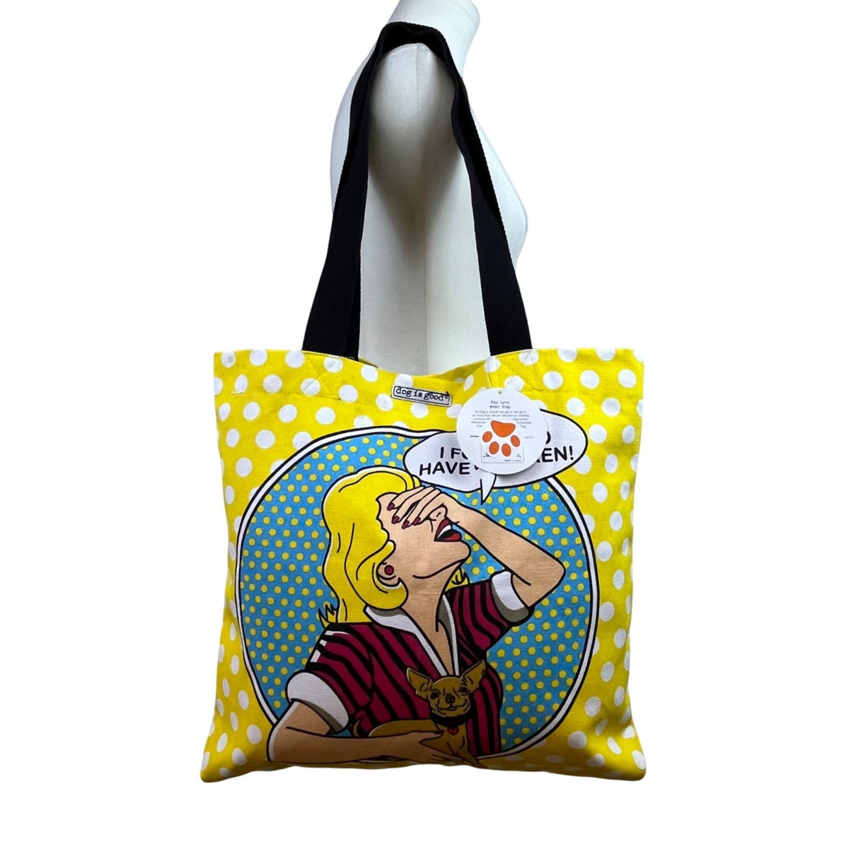 Dog Is Good Women’s Yellow White Polka Dot Canvas "OMG" Graphic Print Tote Bag