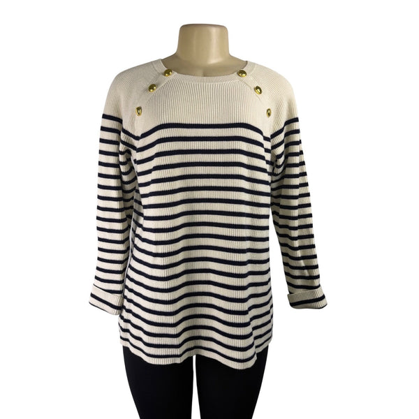 Talbots Womens White & Navy Cotton Striped Buttoned Sweater Plus Size 1X EUC
