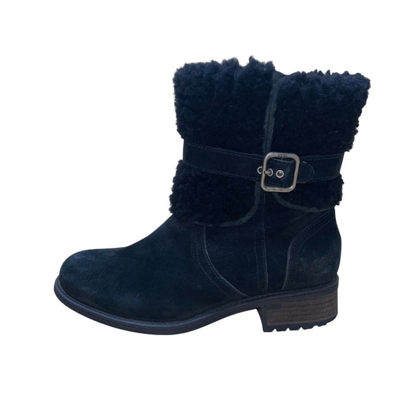 UGG Womens Black Suede Shearling Buckled Mid-Calf Winter Boots Size 7