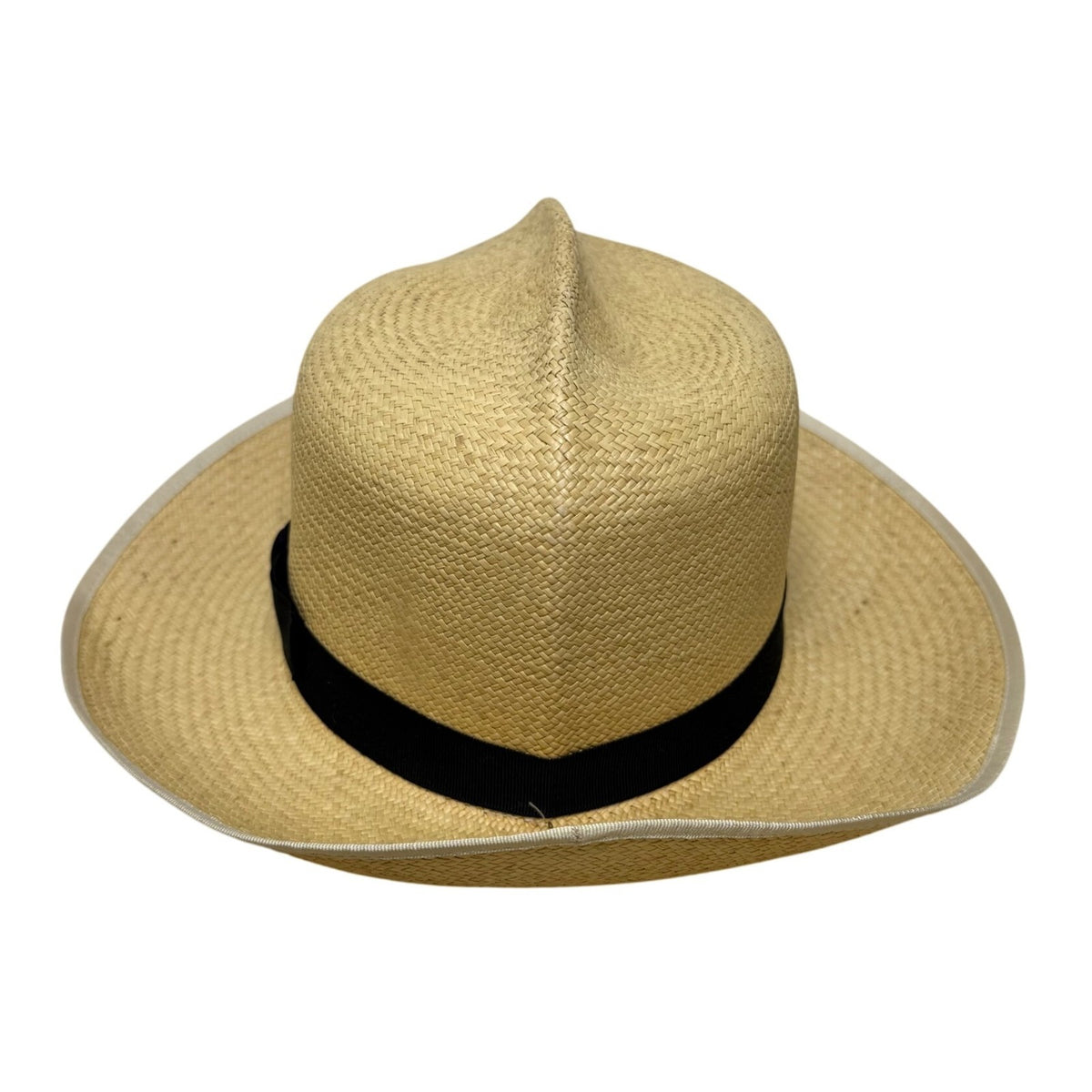 Vintage Genuine Panama Handwoven Straw Wide Brim Hat Black Ribbon Size 6 7/8 