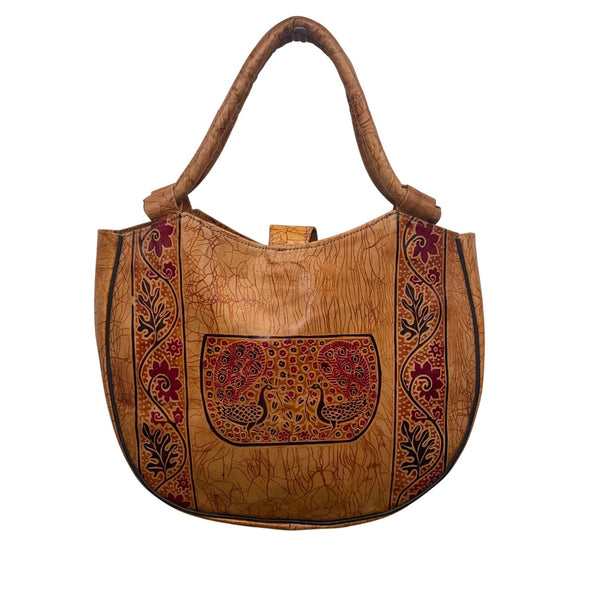 Handcrafted Women’s Brown Leather With Red Floral Details Peacock-Print Tote Bag