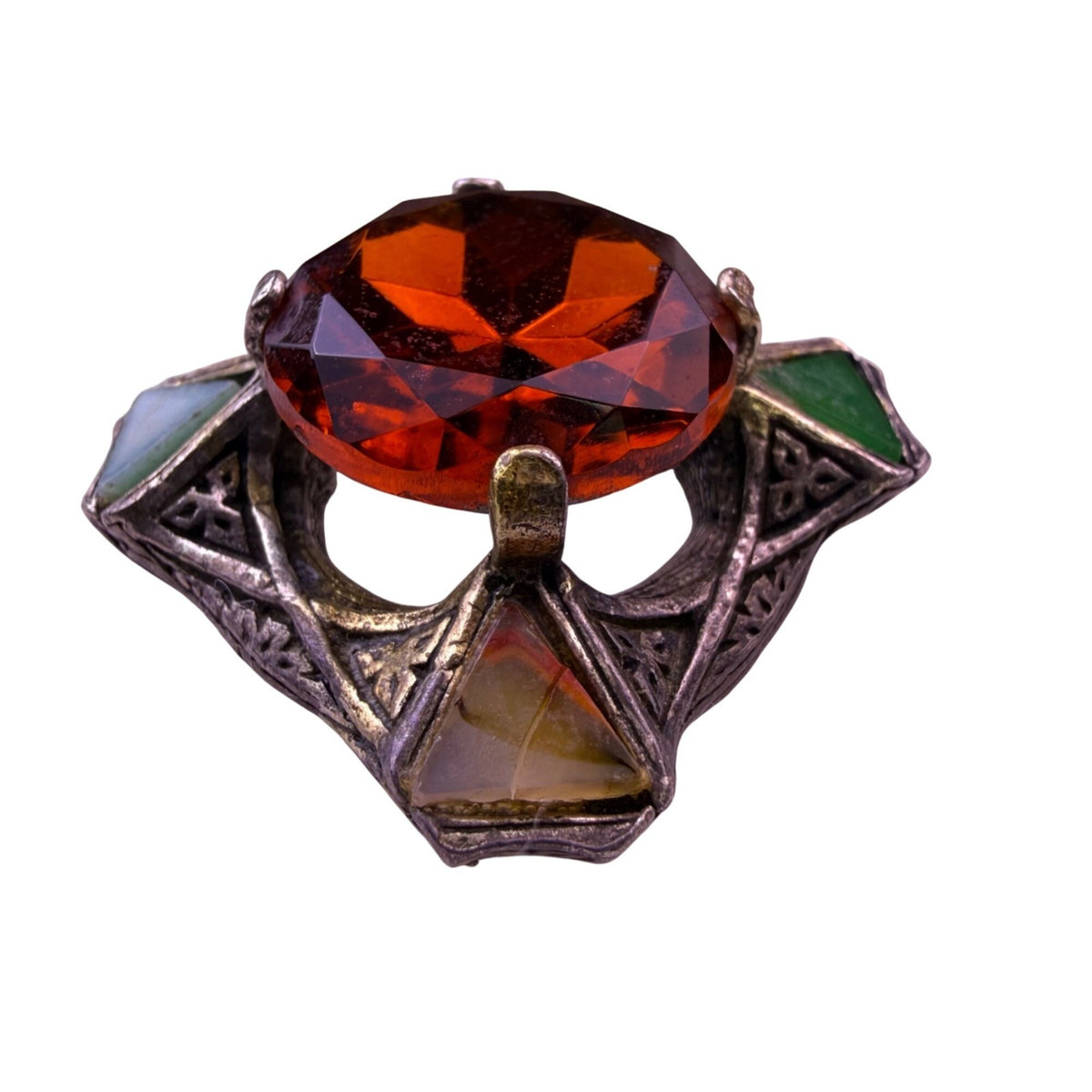 Miracle Womens Silver Tone Glass Brooch With Amber & Green Gem Accents
