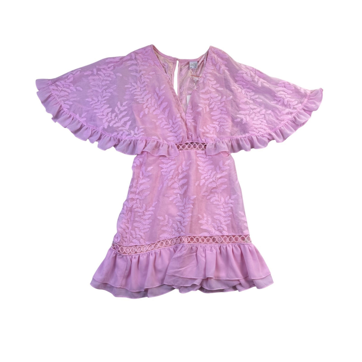 Selfie Leslie Womens Pink Embroidered Mini Dress With Flounce Sleeves Size S