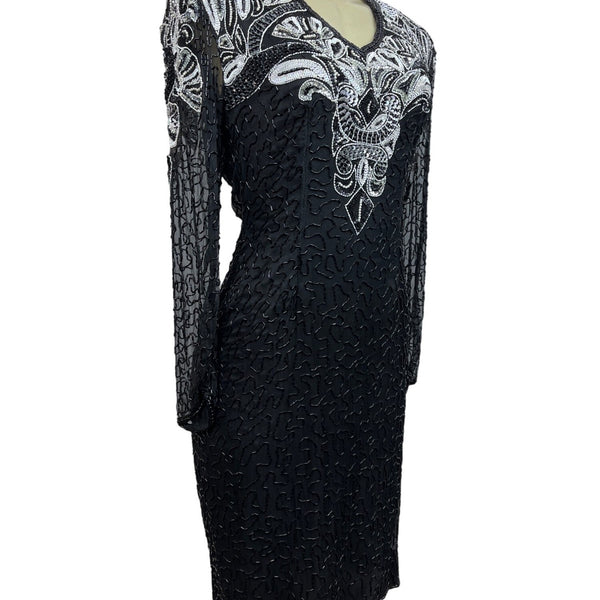 Black & Silver Sequin Beaded Womens Dress Long Sleeve Elegant Design Size M