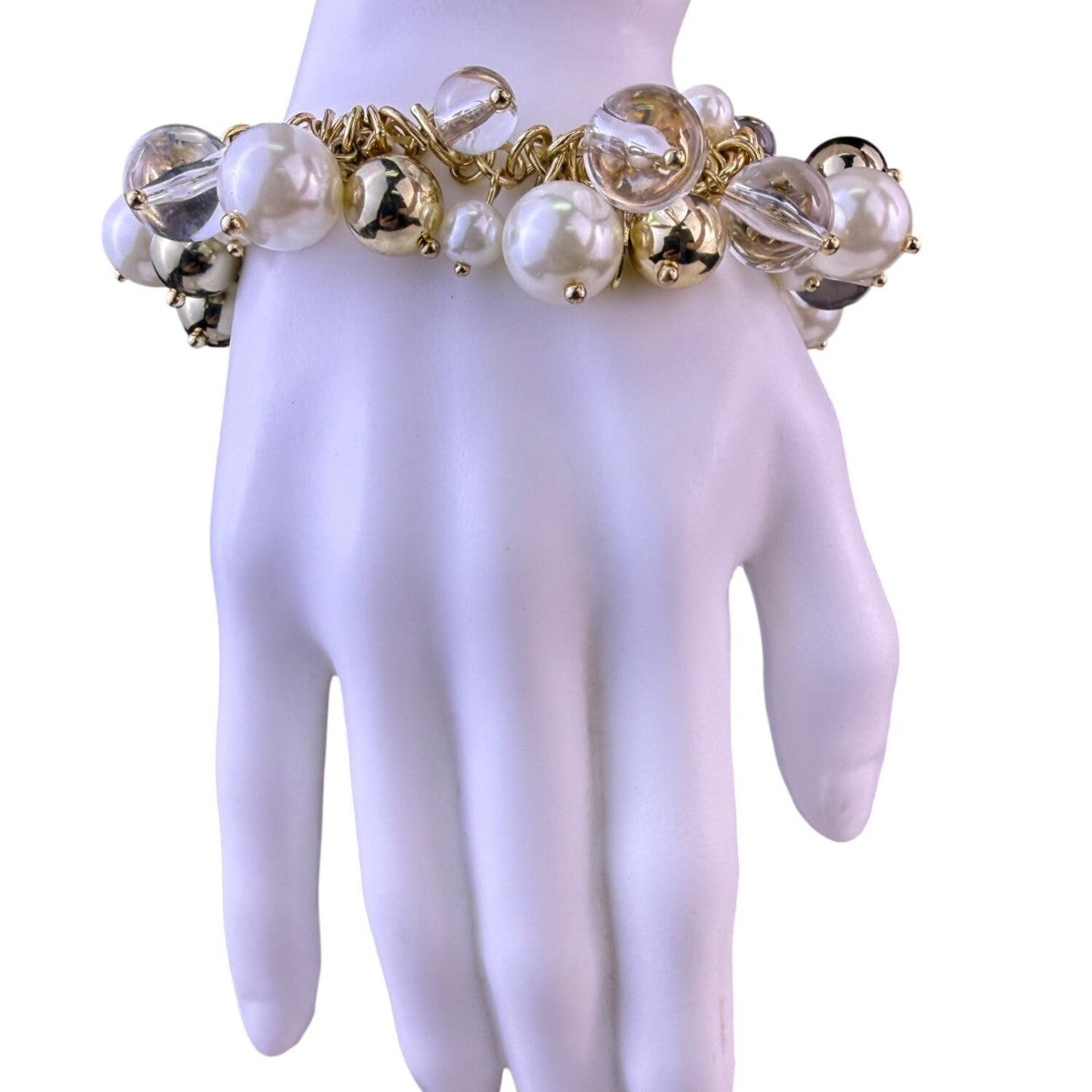 Chicos Womens Gold Tone Faux Pearl & Clear Crystal Stretch Bracelet Multi-Bead