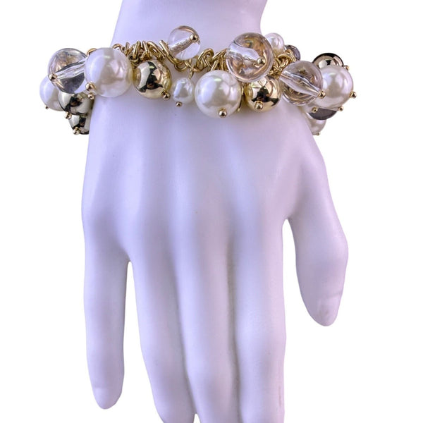 Chicos Womens Gold Tone Faux Pearl & Clear Crystal Stretch Bracelet Multi-Bead