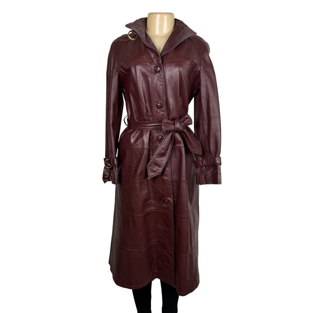 Tfc Women Maroon 100% Genuine Leather Belted Trench Coat Lined With Rayon Sz 8