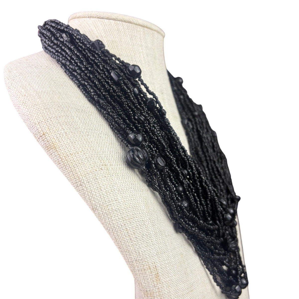 Vintage Black Glass Beads Multistrand Necklace With Unique Red Clasp Design