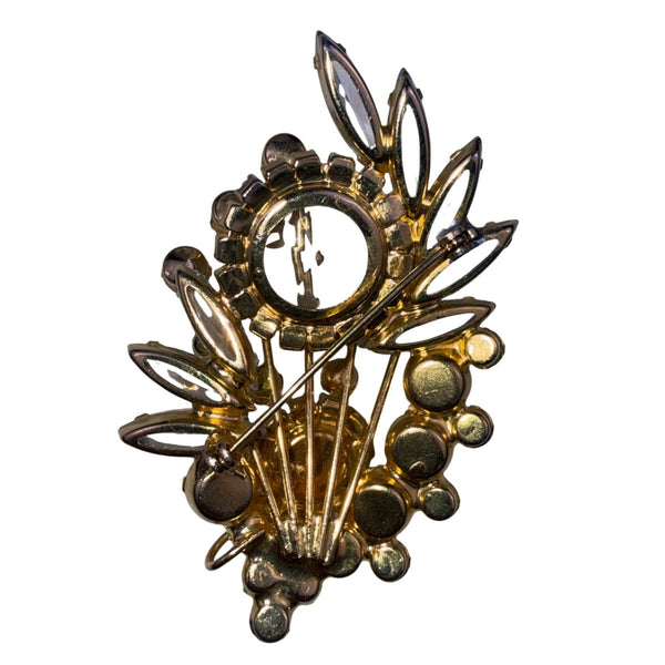 Vintage Gold Tone Rhinestone Clip-On Earrings & Floral Brooch Set