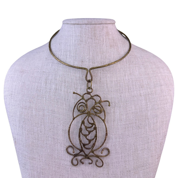 Vintage Gold Tone Metal Owl Pendant Necklace Wire Design Adjustable
