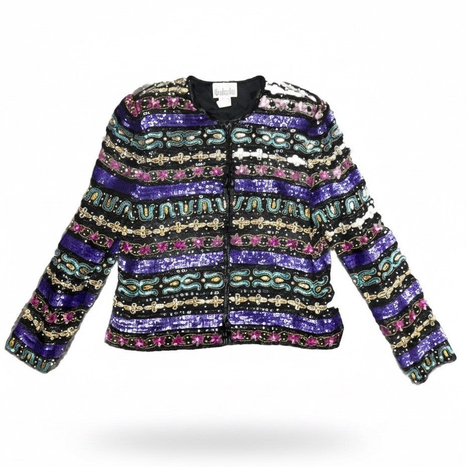 Vintage Nina Piccalino Womens Black Purple Sequin Silk Embellished Jacket Sz 8