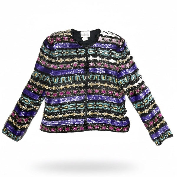 Vintage Nina Piccalino Womens Black Purple Sequin Silk Embellished Jacket Sz 8