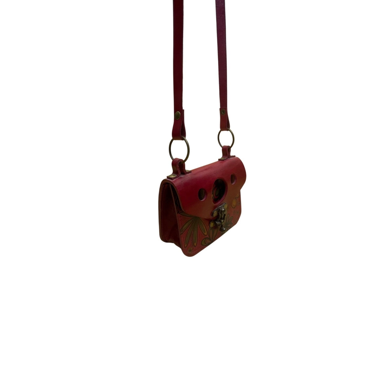 Handmade Women’s Red Leather Floral Brass Clasp Adjustable Strap Crossbody Bag