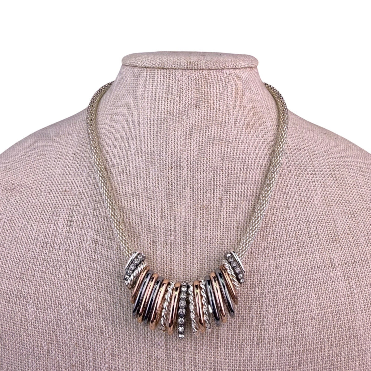 Mesh Chain Necklace With 3-Tone Metallic Beaded Accents Silver & Gold Tone