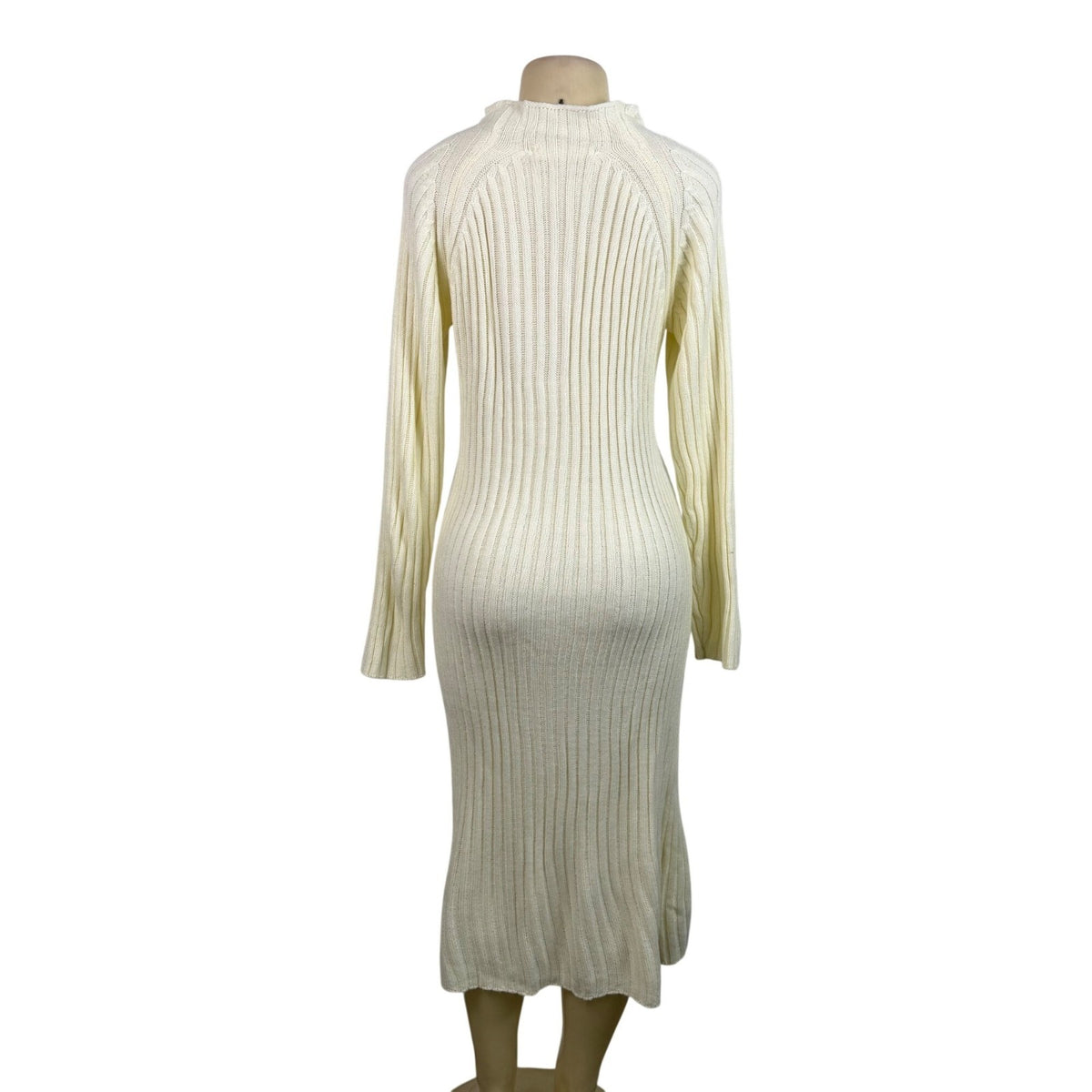 Queens Street Womens Cream Ribbed Knit Long Sleeve Midi Sweater Dress Size OS