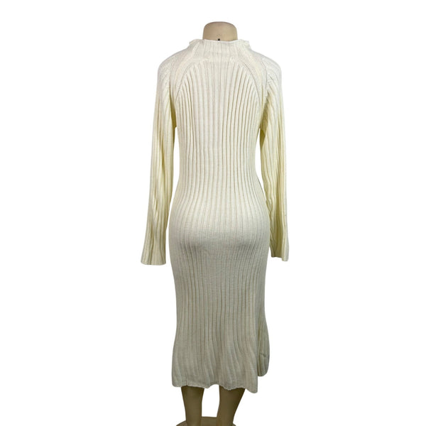 Queens Street Womens Cream Ribbed Knit Long Sleeve Midi Sweater Dress Size OS