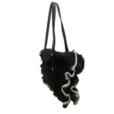 Jessica Simpson Women’s Black Straw Contrast Trim Ruffle Shoulder Tote Bag
