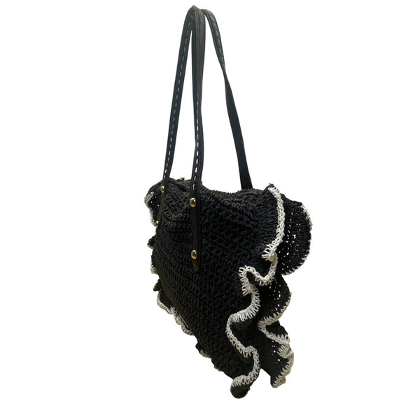 Jessica Simpson Women’s Black Straw Contrast Trim Ruffle Shoulder Tote Bag