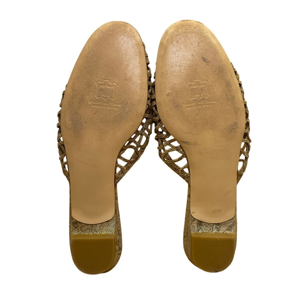 Vintage Stuart Weitzman Women’s Gold Leather Open-Toe Slingback Floral Sandals S
