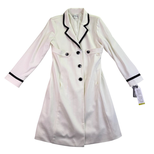 Julian Taylor Womens White Long Jacket With Black Trim Button Front  Size 14