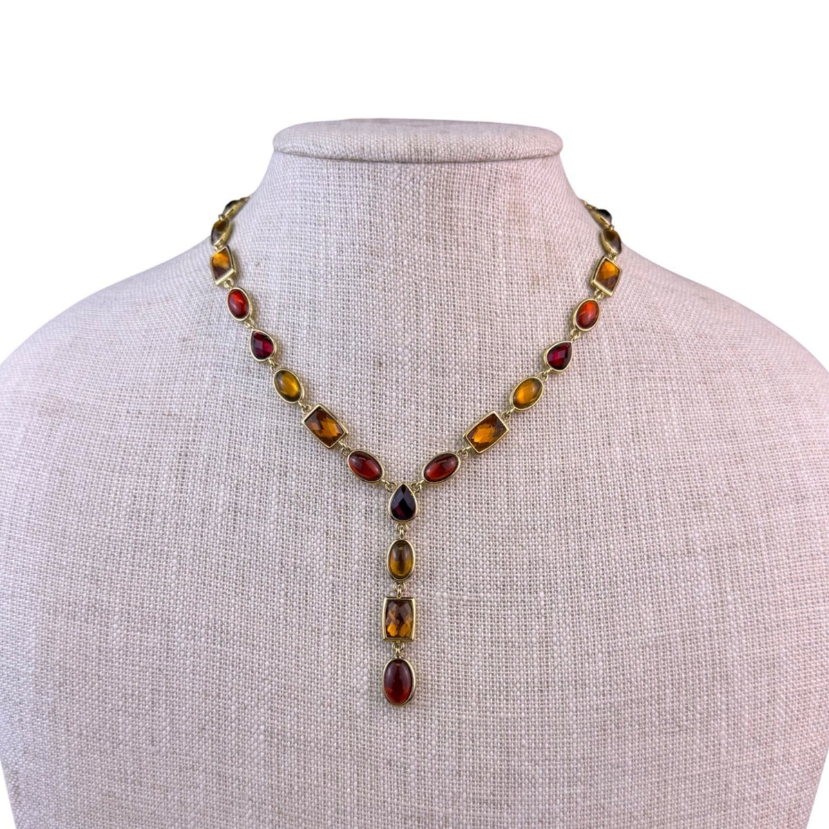Vintage Statement Necklace Gold Tone Amber & Red Gemstones Bezel Set