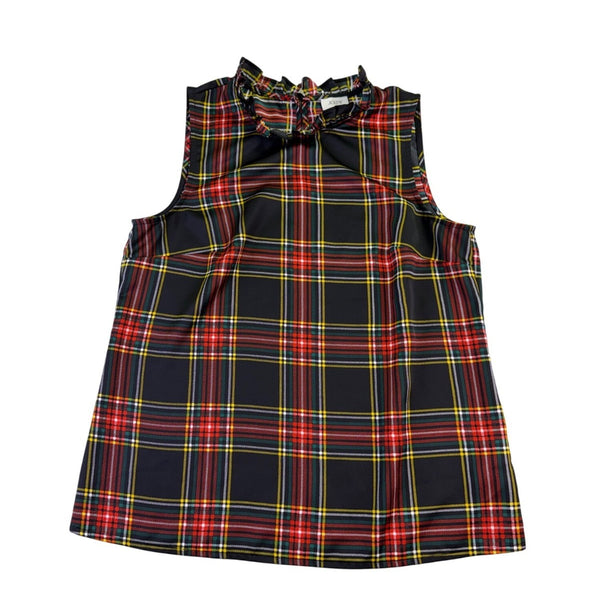 J.Crew Women’s Plaid Ruffle Neck Sleeveless Top Black/Red Lightweight Sz XS