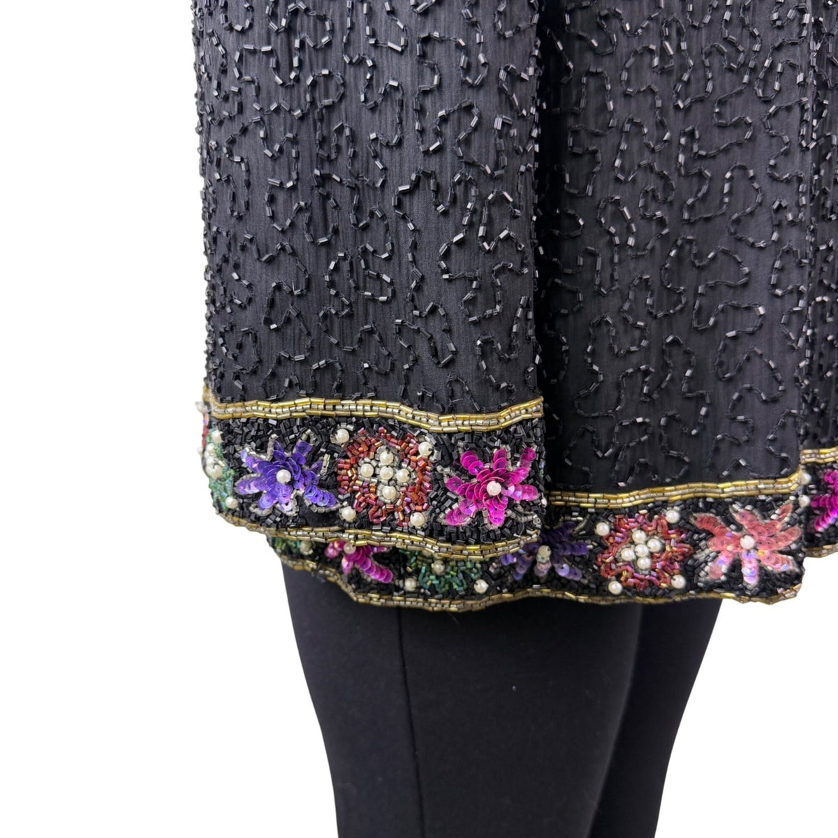 Lawrence Kazar Womens Black Beaded Silk  Jacket & Top Floral Embellished Sz 2X