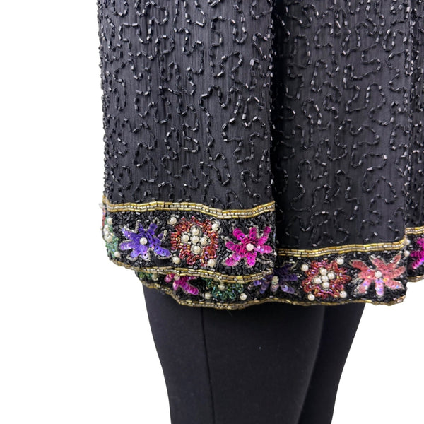Lawrence Kazar Womens Black Beaded Silk  Jacket & Top Floral Embellished Sz 2X