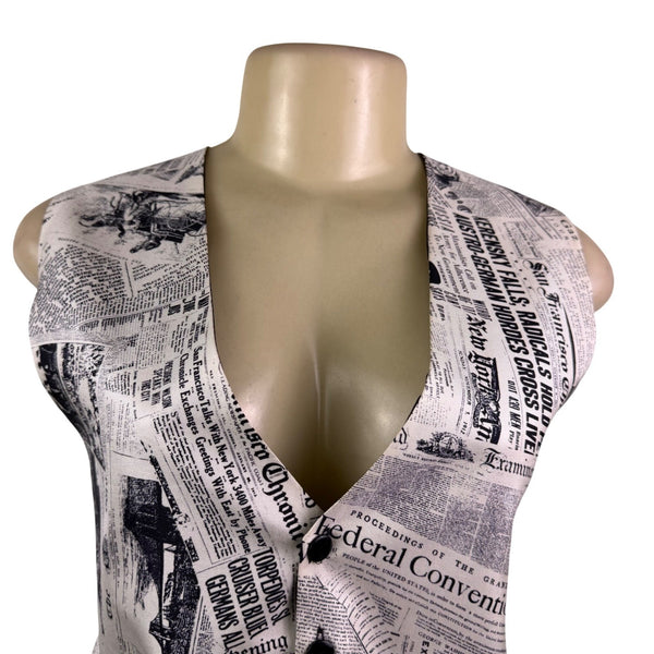 Gouda New York Womens Black & Ivory Newspaper Print Vest Stylish Button Up Sz L