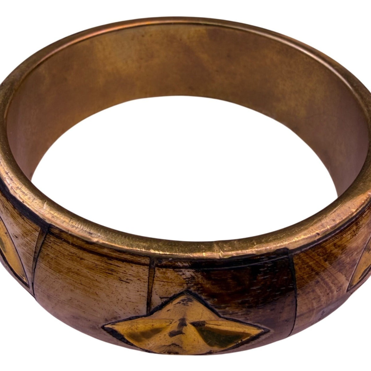 Vintage Bangle Brass & Wood Brown Geometric Handcrafted Bracelet