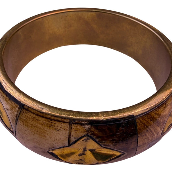 Vintage Bangle Brass & Wood Brown Geometric Handcrafted Bracelet