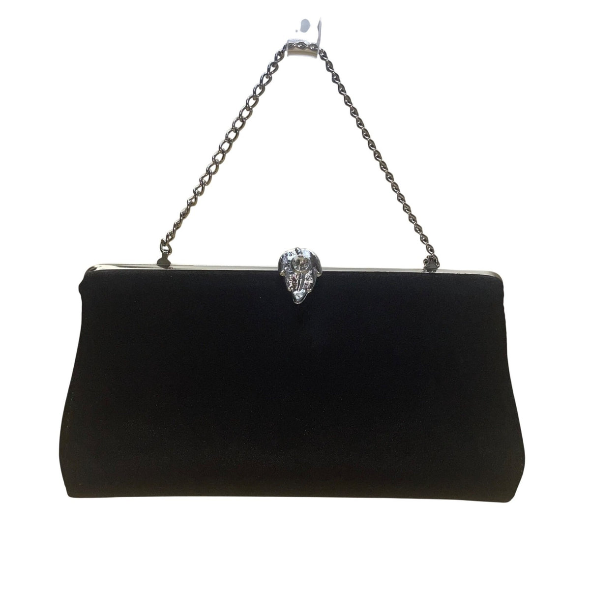 Black Satin Chain Handle With Silver Rhinestone Leaf Closure Evening Clutch