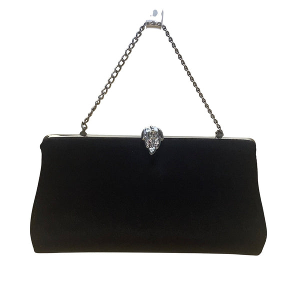 Black Satin Chain Handle With Silver Rhinestone Leaf Closure Evening Clutch