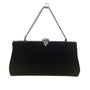 Black Satin Chain Handle With Silver Rhinestone Leaf Closure Evening Clutch