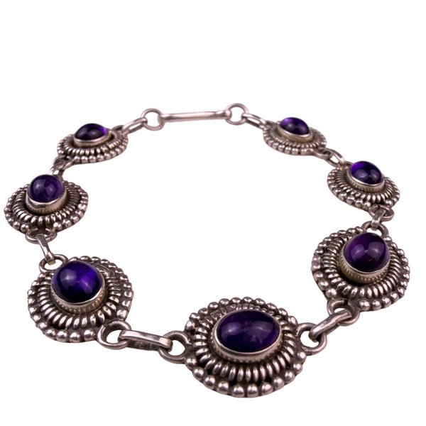Sterling Silver 925 Womens Purple Amethyst Cabochon Bracelet Ornate Oval Bezels