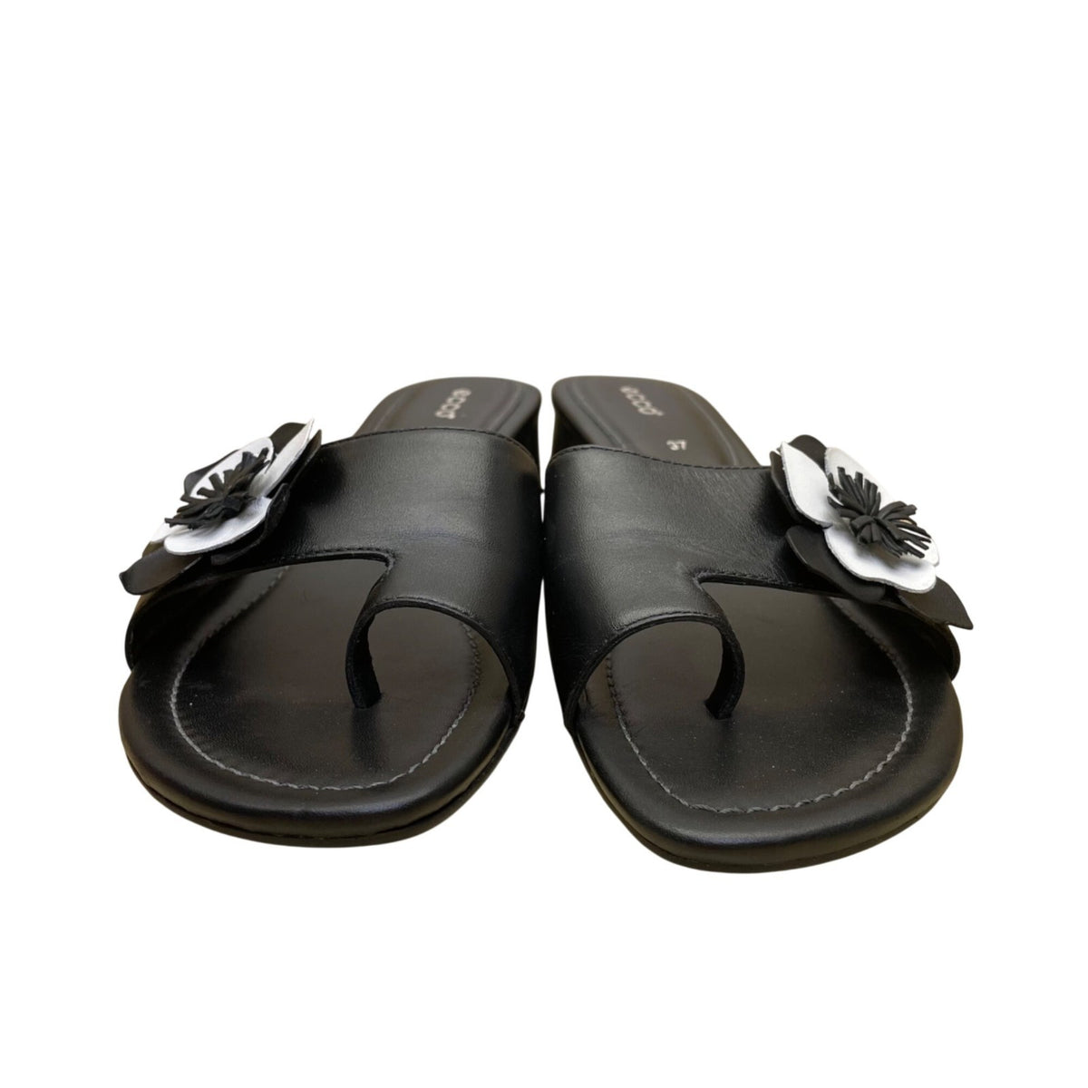 Ecco Women’s Black Leather Flower Accent Open-Toe Mule Sandals Size 37
