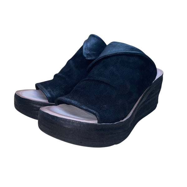 A.S.98 Women’s Black Leather Wedge Open Toe Platform Slip-On Sandals Size 39