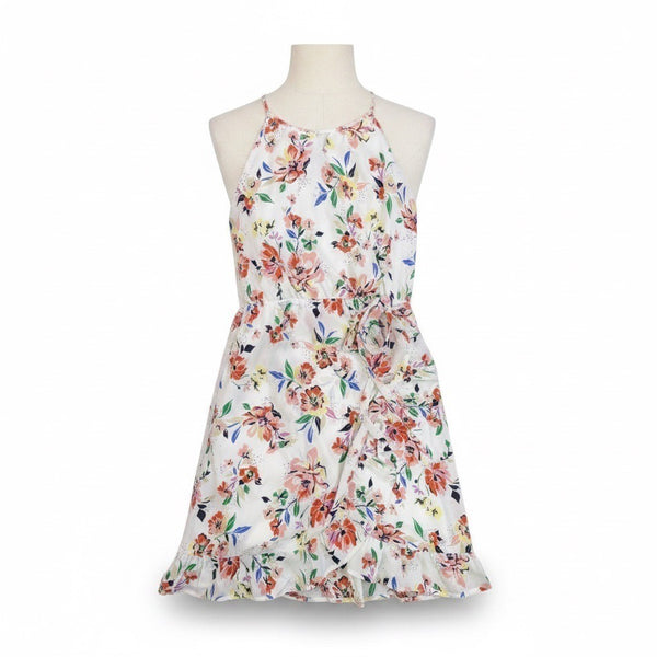 Miami Womens White Floral Halter Dress Summer Casual Ruffle Hem Size L